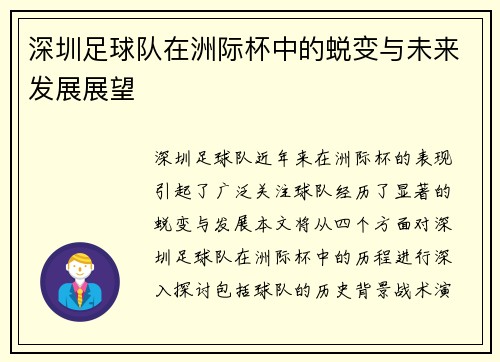 深圳足球队在洲际杯中的蜕变与未来发展展望